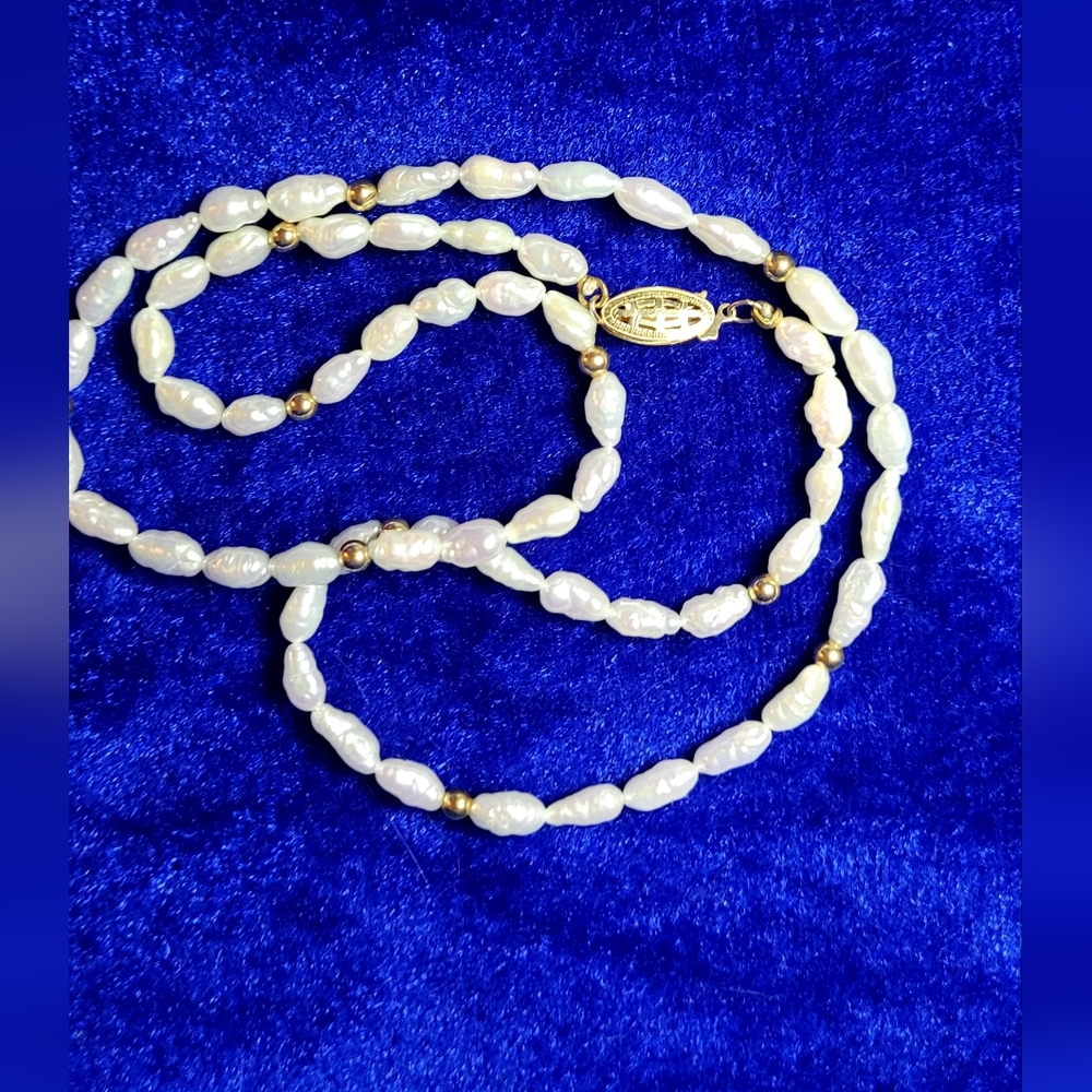 Elegant White Rice Pearl Necklace with 14k Gold Accents 17"
